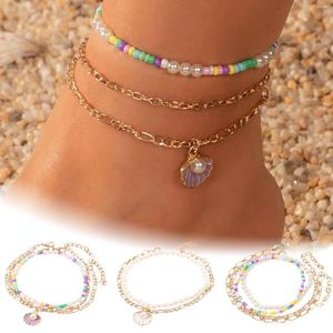 Tobilleras Llegada Verano Playa para mujer Bohemian Seed Rice Beads Colorful Shell Pearl Pulseras Metal Foot Jewelry