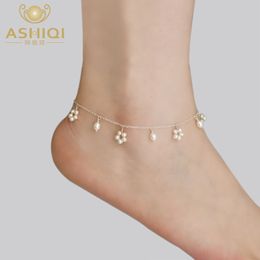 Ankjes Ashiiqi Natural zoetwaterparel enkelband voor vrouwen Real 925 Sterling zilveren handgemaakte sieraden bruiloft 230425