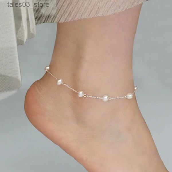 Tobilleras ASHIQI 925 Tobillera de plata esterlina Cadena de perlas naturales Bohemio Vintage Calzado Pulseras de pierna Joyería de pie femenino Q231113