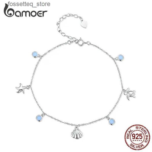 Bracelets de cheville Bamoer 925 Sterling Silver SEASTAR et Shell Pendant Anklet Simple Chain Foot Bijoux pour les femmes Bijoux d'été platine Platinum L46