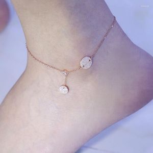 Enklets Baoyocn Fashion Solid 925 Sterling Silver 3 Gold Colors Round Coin Anklet Micro Cubic Zirconia Dames enkel kettingvoet sieraden