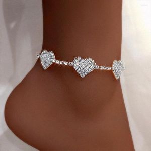 Bracelets de cheville Bling strass chaîne lien coeur pendentif pour femmes plage pied bijoux pieds nus sandales jambe cristal cheville Bracelet