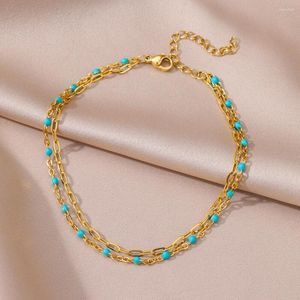 Bracelets de cheville perles bleues Double couche pour femmes couleur or Bracelet de cheville en acier inoxydable femme chaîne de pied bijoux