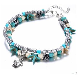 Bracelets de cheville bleu étoile de mer tortue cheville Mtilayer perles de charme mer à la main Boho pied bijoux pour femmes fille livraison directe Dhcjp