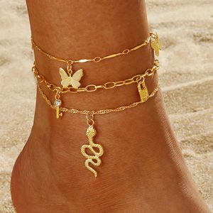 Bracelets de cheville bohémien couleur or papillon serpent, ensemble de bracelets de cheville pour femmes, chaîne de verrouillage à clé, breloque sur la jambe, bijoux Boho, cadeau