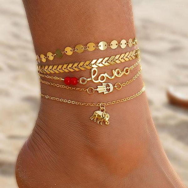 Bohême AMOUR Or Couleur Multi-couche Cheville Bracelet Ensemble Pour Femmes Éléphant Pendentif Clé Serrure Charme Plage Chaîne De Cheville Sur La Jambe Bijou