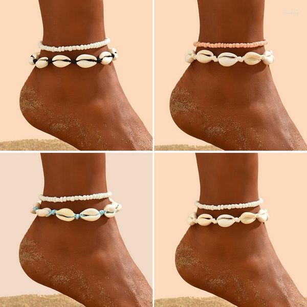 Bracelets de cheville bohême plusieurs glands colorés bracelet de cheville ensemble pour femmes coquille riz perle chaîne sur pied cheville femme Boho bijoux d'été
