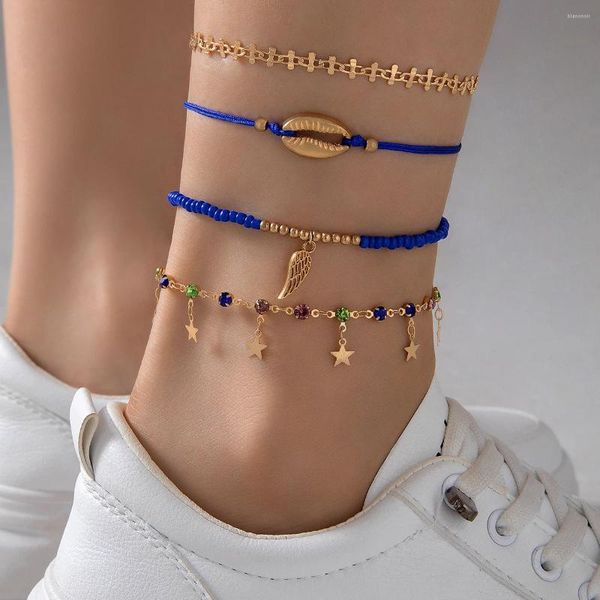 Bracelets de cheville bohémien, ensemble de bracelets de cheville en feuille de coquillage pour femmes et filles, breloques simples, pendentifs étoiles géométriques multicouches, chaînes de pied, bijoux 24928