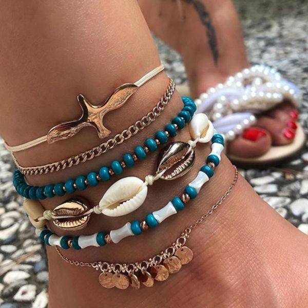 Bracelets de cheville bohémien pour femmes, géométrique, croix ronde, coquille perlée, accessoires de bijoux, vente en gros