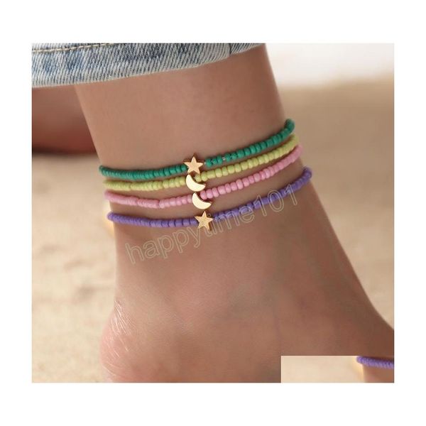 Bracelets de cheville Bohème Plage Style À La Main Solide Couleur Perle Cheville Alliage Étoile Lune Pendentif Pied Ornement Bijoux En Gros Drop Delivery Dhh56