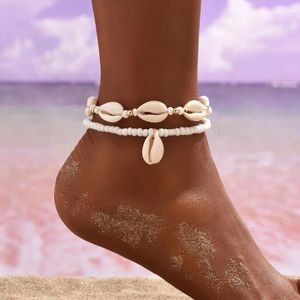 Bracelets de cheville bohème Double couche naturel coquille de mer charme bracelet de cheville pour les femmes réglable plage à la main chaîne corde chaînes pied chaîne bijoux
