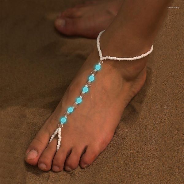 Tobilleras Bohemio Luminoso Arroz Cuentas Tobillera Con Cuentas Para Mujer Chica Resplandor En La Oscuridad Anillo De Moda Pulsera De Cadena De Pie Joyería De Playa Regalos