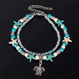 Anklets Bohemio Multi Layer Starfish Turtle Beads Anklets for Women Vintage Boho Chain Bracelet Sandalias de joyas de joyería de playa 2023