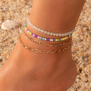 Bracelets de cheville bohème multicouche couleur or Bracelet de cheville sur la jambe pour les femmes mode femme pieds nus chaîne bijoux de plage