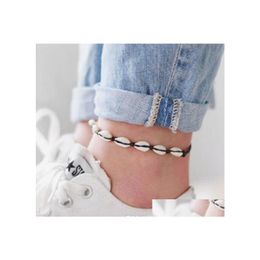 Anklets Boheemian Sea Shell Anklet for Women Girls Black Handmade String Touwketens Zomerstrand enkelarmband op beenmannen Boho Jood Dhwj4