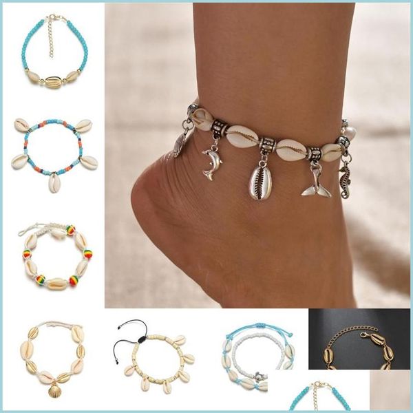 Bracelets de cheville Bohème Coquillage Cheville Pour Femmes Perles De Rocaille Chaînes Dauphin Tortue Pendentif Charme Été Plage Pieds Nus Cheville Bracelet Sur Le Dhk5G