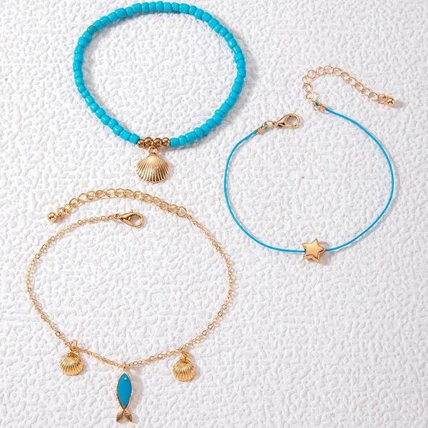 Tobilleras Conjuntos bohemios Joyería para mujer Shell Pequeño pescado Hecho a mano Cadena de pie Sandalias Accesorios