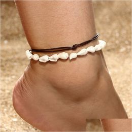 Bracelets de cheville bohème coquille pour les femmes à la main en cuir tissé naturel pied bijoux été plage bracelet cheville sur la jambe livraison directe Dhgarden Dhyei