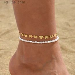 Bracelets de cheville Bohème simulé perle chaîne cheville bracelet femmes double couche doré papillon cheville bracelet été cheville braceletC24326
