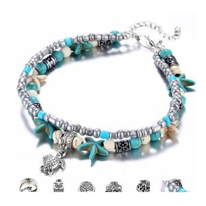 Bracelets de cheville bohème étoile de mer tortue pour femmes Boho éléphant hibou vague perles de charme chaîne de pierre bracelet de cheville sur la jambe bijoux de plage goutte de otwfe