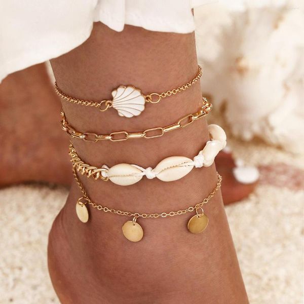 Bracelets de cheville style bohème coquillage ensemble de pièces rondes pour amis cadeau de festival parfait avec quatre tailles de pièces