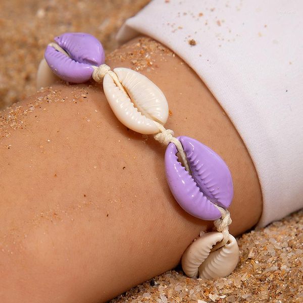 Bracelets de Cheville Style Bohème Taro Violet Bracelet Coquillage Contrastant Corde Tissée Réglable Pour Hommes Et Femmes