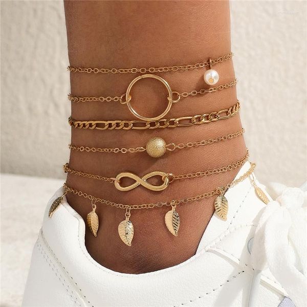 Tobilleras Bohemia verano playa tobillera conjunto para mujer cadena de Color dorado en la pierna hojas bola infinito encanto pulsera de tobillo joyería femenina