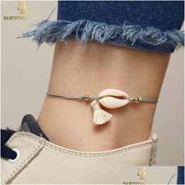 Bracelets de cheville Bohemian Summer Style Shell Tassel Pendentif Bracelet de cheville pour femmes Wax String Beach Bijoux Cadeau Drop Livraison Bijoux Dhfwq