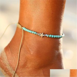 Cheville Bohème Turquoises Cheville Avec Étoile Vintage Réglable Bracelet En Corde Tissée Sur La Jambe Perlée Cheville Boho Bijoux Drop Delivery Dhhuz