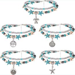 Bracelets de cheville Boho Double Bracelets de cheville Conque Étoile de mer Tortue de sable Pendentif Chaînes de pied Perles de pierre turquoise Charm Bracelet de plage Drop de Dhgarden Dhvdh