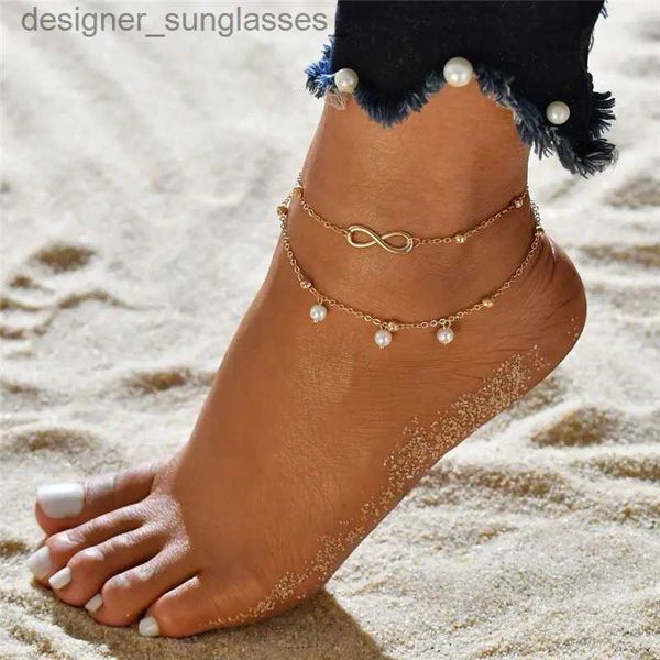 Tobilleras Boho Tobilleras de doble capa para mujer Cadenas de pie con colgante de perlas 8 She Pulsera de playa Tobilleras Pulsera del sistema solarL231116