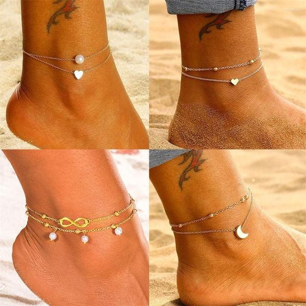 Tobilleras Boho Doble capa para mujeres Perla Streaming Colgante Cadenas de pie 8 Forma Amor Corazón Pulsera de playa