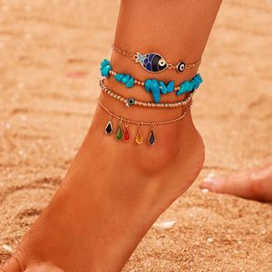 Enklets Boho Green Stone Fish oog Kristallen Water Druppels Kralen Set voor vrouwen Multi-laags ketting Charme Foot Bracelet Sieraden Geschenken