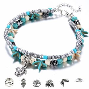 Enklets Boho Style Ankle Bracelet Bohemia Sea Turtle Starfish Charms Beach Anklet Shell For Women Handmade been sieraden Drop DHJHF