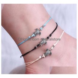 Tobilleras Boho Tortuga Tobilleras Pulsera Tejida Cadena De Pie Cuerda Joyería De Playa Decorativa Para Mujeres Y Joyería De Entrega De Gota Dhifv