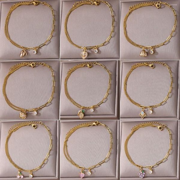 Bracelets de cheville Boho Zircon cristal pour femmes lien en acier inoxydable joli pendentif de fruits Bracelet de jambe accessoires d'été bijoux de cheville