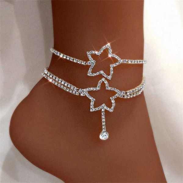 Bracelets de cheville Caraquet luxe plein strass amour coeur cheville pour femmes or argent couleur cristal tennis chaîne lien pied Bracelet bijoux 230607