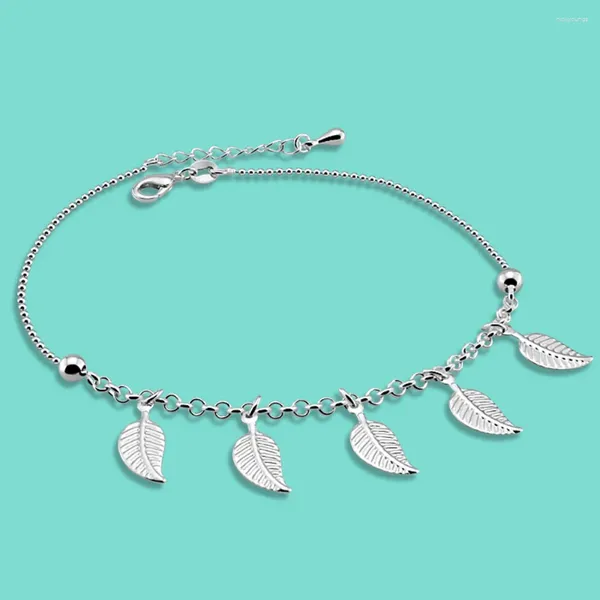 Bracelets de cheville Style classique pour femmes, en argent Sterling 925 massif, pendentif feuille, chaîne de perles, 26CM, bijoux de plage d'été