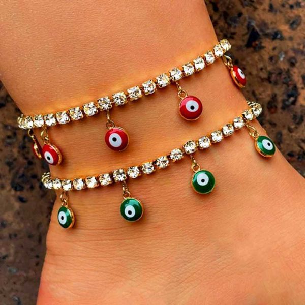 Bracelets de cheville perles colorées mauvais yeux cristal Bracelet de cheville pour femmes brillant strass Tennis chaîne pieds nus pied bijoux 230608