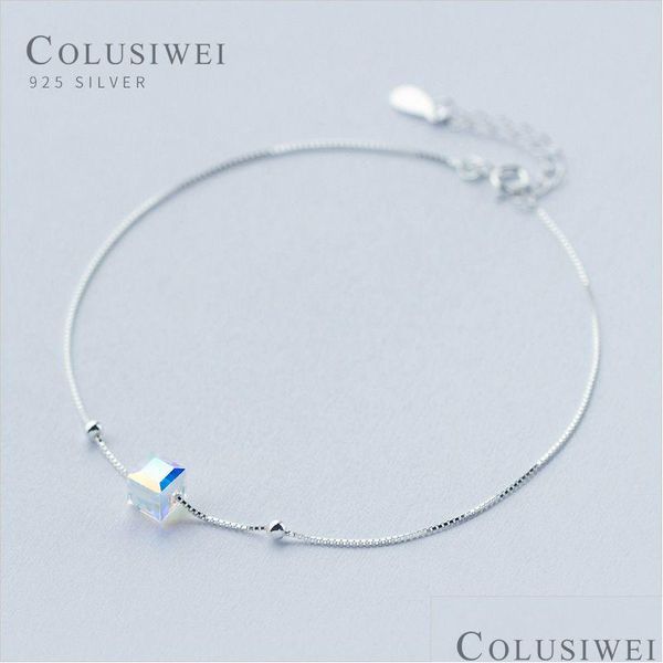 Bracelets de Cheville Colusiwei Véritable 925 Sterling Cristal Cube Sier Bracelet de Cheville Pour Femmes Charme Bracelet De Jambe Cheville Pied Accessoires Fashi Dhgarden Dhvrv