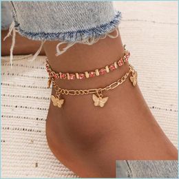 Bracelets de cheville Bracelets de cheville en cristal pour femmes Couleur Or Papillon Mtilayer Femelle Simple Jambe Chaîne Pied Bijoux Drop Livraison 2022 Dha7O