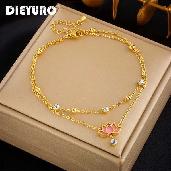 Bracelets de cheville DIEYURO 316L collier de lotus rose en acier inoxydable adapté aux filles nouvelle tendance chaîne multicouche ne se décolore pas bijoux cadeau PartyC24326