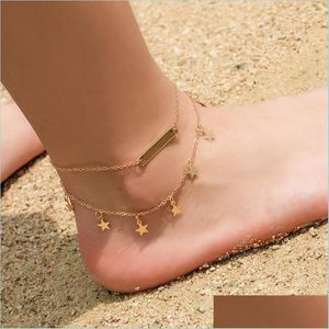 Enklets Dubbelkleed Anklet Rhinestone Crystal Ankle Charmel Bracelet Boho Beach Anklets for Women Sandals voet armbanden Fema Mjfashion Dhjzj