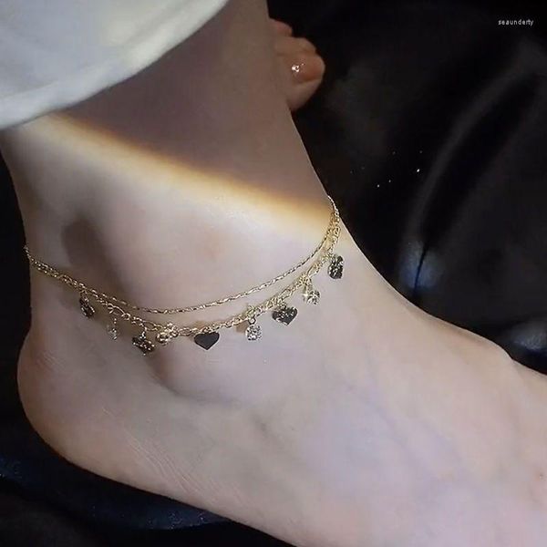 Bracelets de cheville Double couche en forme de coeur Flash forage femmes personnalité tout match réglable mode perles pied bijoux accessoires