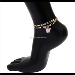 Anklets Drop levering 2021 Roze enkelband Set Gold Ploated Women 2 Layer sieraden vlinder hanger met Cubaanse link enkelarmbanden n1thu