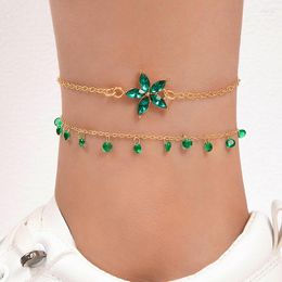 Bracelets de cheville élégant cristal vert pierre pendentif Double couche pieds chaîne minimaliste hommes femmes géométrique alliage fleur gland cheville