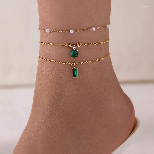 Bracelets de cheville élégant cristal vert pierre pendentif pied Bracelet pour femmes charme riz perle cheville réglable fête bijoux accessoire