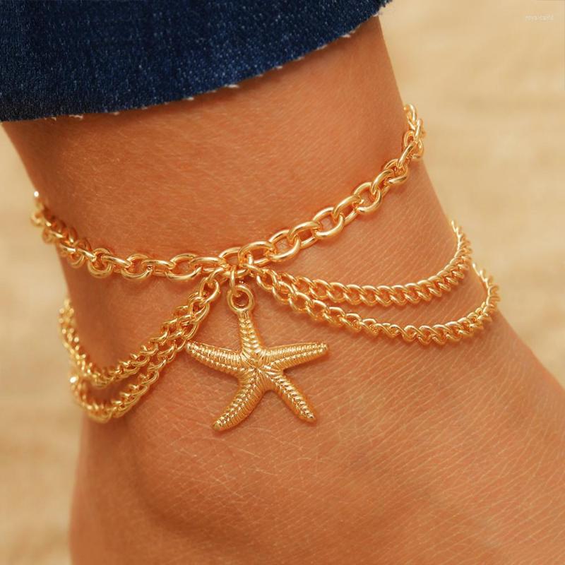 Bracelets de cheville EN or couleur multicouche chaîne Bracelet sur jambe étoile de mer pendentif pour femmes plage cheville bijoux bohème pied