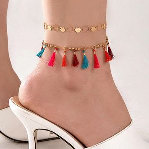 Bracelets de cheville de Style ethnique, ensemble de bracelets de cheville colorés pour femmes et filles, breloques en forme de cœur, chaînes de pied géométriques multicouches, bijoux 24638