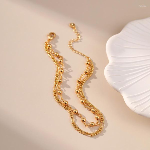 Bracelets de cheville de style européen et américain plaqué avec une conception de chaîne double couche en or véritable 18 carats bonne chance perles bracelet de cheville pour femmes bijoux